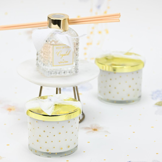 Κερί λευκό με χρυσά πουά και χρυσό καπάκι